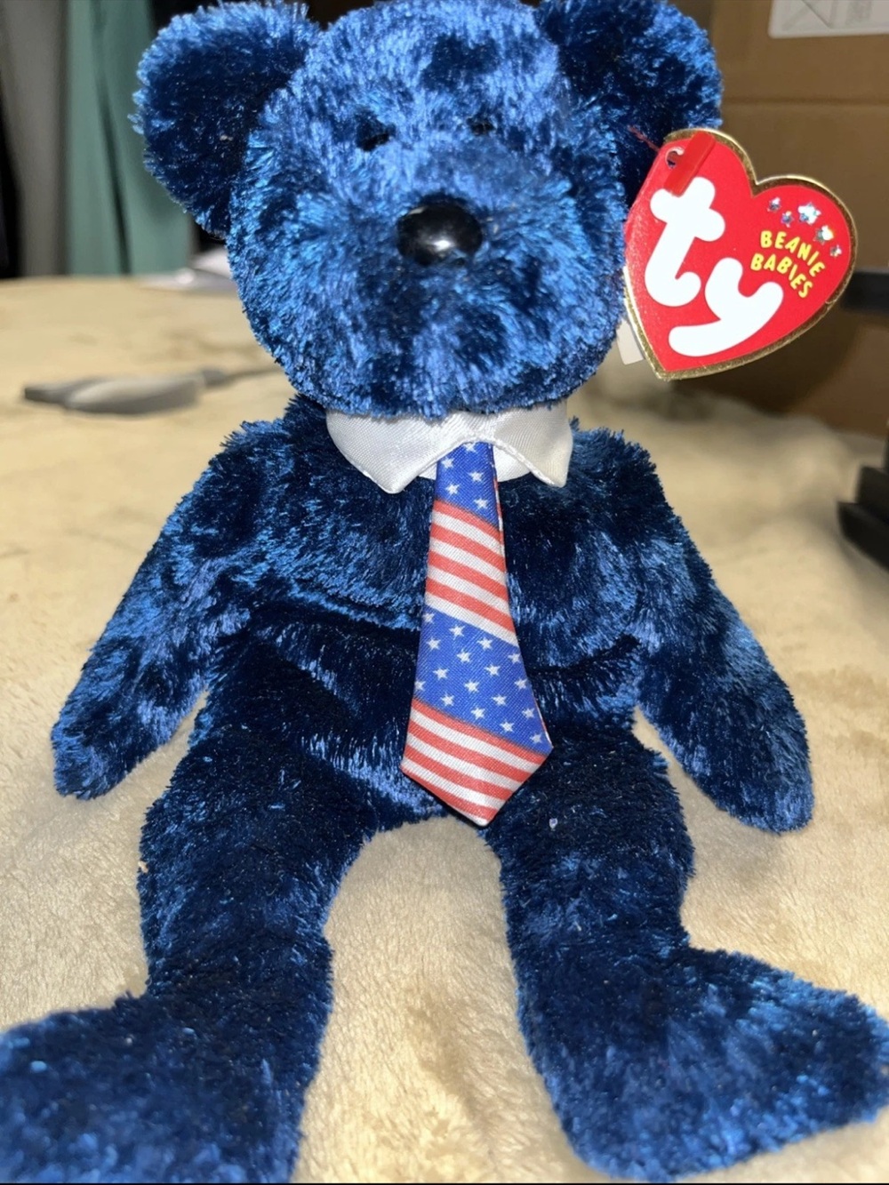 Ty Beanie Babies Navy Blue Plush Bear with American Flag Tie “pops”